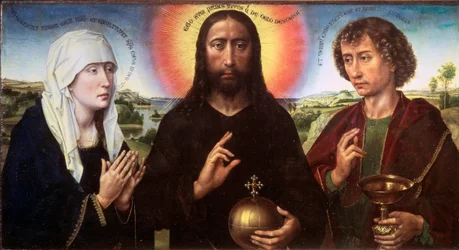 Kristus Lunastaja Neitsyen ja Pyhän Johannes Evankelistan välillä (Triptyykki Braque), noin 1450 (Öljy puulle)