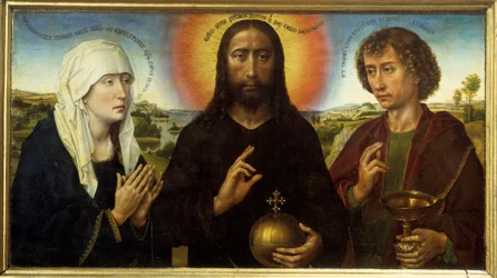 Kristus Lunastaja Neitsyen ja Pyhän Johannes Evankelistan välillä sanoo Triptyykki Braque. Rogier (Roger) Van Der Weydenin maalaus (1400 - 1464)