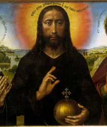 Kristus Lunastaja Neitsyen ja Pyhän Johannes Evankelistan välillä sanoo Triptyykki Braque. Yksityiskohta Kristuksesta. Rogier (Roger) Van Der Weydenin (1400 - 1464) maalaus Ec. Flam.