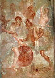 Naiseksi naamioitunut Akhilleus tunnistetaan Odysseuksen toimesta Lykomedeen tyttärien joukosta Skyroksella. Fresko Pompejista. 1. vuosisata jaa. Mitat: 145,5 x 137,5 cm. Kansallinen arkeologinen museo, Napoli. Roomalainen taide. Pompejin ja Nocerin