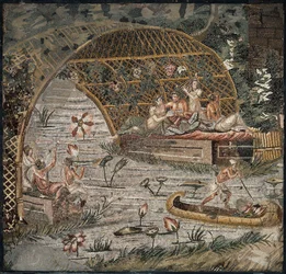 Juhla pergolan alla Niilin lähellä - Yksityiskohta Palestrinan Niilin mosaiikki - 3. vuosisadalla eKr. - Palestrinan Niilin mosaiikki - 3. vuosisadalla eKr., 95x102 cm - Staatliche Museen, Berliini