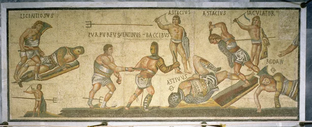 Taistelu gladiaattorien välillä, 320 jKr (mosaiikki)