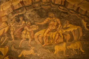 Kyklooppia esittävä lattiamosaiikki, Villa Romana del Casale, Piazza Armerina, Sisilia, Italia