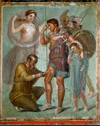 Haavoittunutta Aeneasta, jonka seurassa on hänen poikansa Iulus, hoitaa kreikkalainen lääkäri Iapyx, Iasoksen poika. Roomalainen fresko 1. vuosisadalta jKr. Pompejista. Napoli, kansallinen arkeologinen museo - Roomalainen taide: Iapyx hoitaa