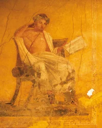 Fresc sobre fons groc que representa el poeta grec Menandre, de la Casa de Menandre, Pompeia, Campània, civilització romana finlandesa