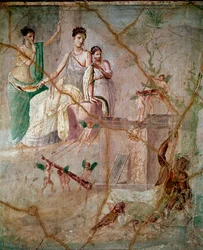 Herakles ja Omfale, Pompejista peräisin oleva roomalainen fresko 3. pompejilaisessa tyylissä, 40-60 jKr., mitat 88 x 103 cm, säilytetään Napolin kansallisessa arkeologisessa museossa, Italia