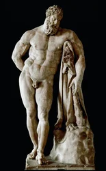 Farnesen Hercules, Glykonin kolossaalinen marmoriveistos Rooman Caracallan kylpylöistä, perustuu Lysippoksen Sikyonissa tekemään kreikkalaiseen alkuperäisteokseen, mitat: 3,17 m, 3. vuosisata jaa. - Napolin arkeologinen kansallismuseo - Farnesen Hercules