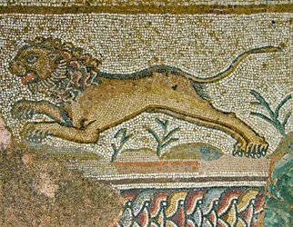 Metsästyskohtaus, yksityiskohta leijonasta, Dionysoksen talo, Pafos, Kyproksen mosaiikki