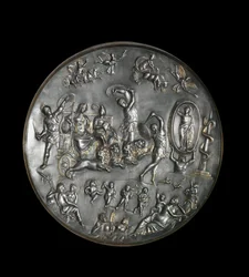 Patere de Parabiago, hopeinen rituaaliastia, joka kuvaa Attisin (tai Atysin) ja Cybelen voittoa leijonien ampumassa vaunussa, 4. vuosisadalla. Hopea: Halkaisija: 40 cm. Milanon archeologique museo. - Patera of Parabiago, rituaalinen hopealevy, joka edustaa