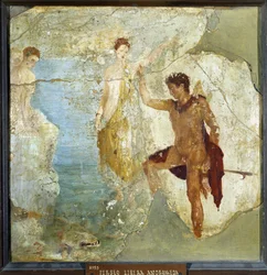 Perseus vapauttaa Andromedan. Fresko 37,5x37,5 cm. Pompejin Viiden luurangon talosta (Casa dei cinque Scheletri). Päiväämätön. Kansallinen arkeologinen museo, Napoli (Napolin arkeologinen museo). ©Raffael/Leemage