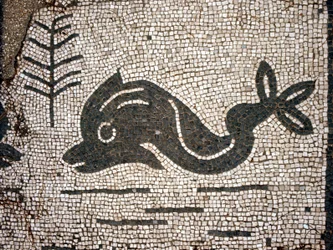 Delfiinin esitys mosaiikin jälkeen Corporazioni of Ostia (Ostia) antica -aukiolla.