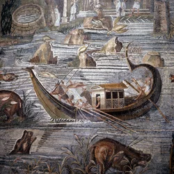 Jokialus 1. vuosisadalla eKr. Yksityiskohta Palestiinan mosaiikki. Peräsin on perässä ja kaksois. Tämä mosaiikki on peräisin Onnentemppelistä, ja se on nyt säilytetty Barberinin palatsissa.