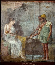 Roomalainen taide: ”Kalastajat löytävät Danaën ja hänen poikansa Perseuksen Serifoksen rannalta” - Pompejista peräisin oleva fresko, kolmas tyyli, mitat: 67 x 63 cm - Kansallinen arkeologinen museo, Napoli