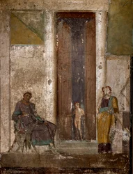 Roomalainen taide: ”Eros suostuttelee Helenan rakastamaan Parista”. Pompejista peräisin oleva fresko. 1. vuosisata. Napoli, Museo Archeologico Nazionale