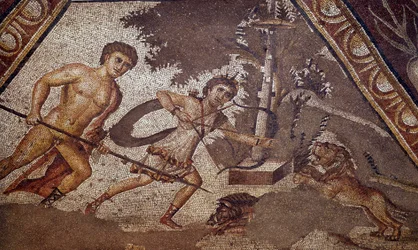 Roomalainen taide: Vuodenaikojen mosaiikki "" Daphnen" Konstantinuksen huvilan pihalta, joka edustaa kahta metsästäjää. Yksityiskohta. Antioche-sur-l