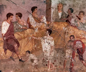 Roomalainen taide: "Ulkona järjestetty pitoateria". Roomalainen fresko Tricliniumin talosta, Pompeji, 40-60 jKr.