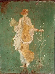 Roomalainen taide: "" Kevät "" Flora (Flora) poimimassa kukkia. fresko Varano a Stabiesin (Stabiae) huvilasta lähellä Pompeja. 15 eKr.-60 jKr. Kansallinen arkeologinen museo, Napoli - roomalainen taide: kevät, kasvisto poimimassa kukkia. Tuore Varanon huvi