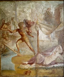 Roomalainen taide: ”Theseus hylkää Ariadnen”. Roomalainen fresko Pompejista. 1. vuosisata jaa. Napoli, Museo Archeologico Nazionale