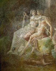 Roomalainen taide: "Venus ja Mars". Fresko Pompejin kitharansoittajan talosta. Kolmas tyyli. Mitat: 253 x 150 cm. Museo Archeologico Nazionale, Napoli