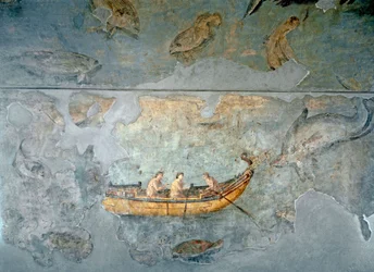 Roomalainen taide: "Kalastajia veneessä". Fresko talosta, joka sijaitsi lähellä Rooman jokisatamaa. 131 jKr. Rooma, Museo Nazionale Romano (tai delle Terme)