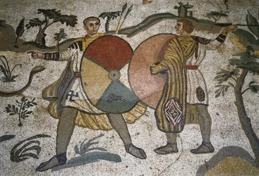 Roomalainen taide: yksityiskohta mosaiikista "" Suuri metsästysosa"" Metsästäjien aseet suurista kilpistä. 315-350 jKr. Piazza Armerina, Villa Romana del Casale