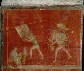 Roomalainen taide: "fullonica""" tai kulutuspinta"" -kohtaus, joka edustaa vaatteiden puhdistusta. Fresko Pompejin huvilasta Fullonica stephani (La fullonica de Stephanus), jota käytettiin pesuhuoneena ja värjäyksenä. Maalausta 1. vuosisadalta jKr. Napoli,