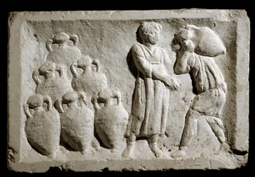 Roomalainen taide: "" viinikannujen lastaus ja varastointi""" Relief. 2. vuosisadalla jKr. Rooma, Rooman sivilisaation museo