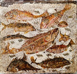 Roomalainen taide: kaloja esittävä mosaiikki. 1. tai 2. vuosisata jKr. Via Cassian varrella sijaitsevasta Villa dei Settimii -huvilasta. Rooma, Museo Nazionale Romano
