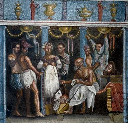 Roomalainen taide: satiirisen näytelmän valmistelut. Mosaiikki. 70 jKr. Pompejista, Casa del Poeta Tragicosta. Mitat: 58x59 cm. Napoli, Museo Archeologico Nazionale