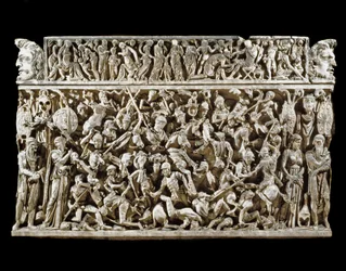 Roomalainen taide: roomalaisten soturien ja barbaarien taistelukohtaus markomannisotien aikana. Reliefi Marcus Aureliuksen kenraalin niin kutsutusta Portonaccion sarkofagista. 180-190. Rooma, Museo Nazionale Romano (tai delle Terme)