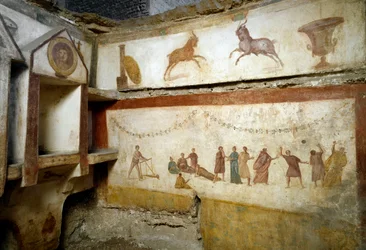Roomalainen taide: ”Leikkiviä nuoria”. Via Portuensen varrella olevaa hautaa koristavat freskot. 2. vuosisata. Korkeus: 90 cm. Rooma, Museo Nazionale Romano (tai delle Terme), Italia