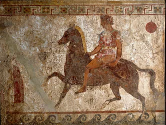 Samnilainen ratsastaja. Hautamaalaus 300-luvulta eKr., Paestumin alueelta Italiasta. Fresko. Museo nazionale archeologico, Napoli (Napolin kansallinen arkeologinen museo).