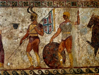 Samnilaisia sotureita. Hautamaalaus 4. vuosisadalta eKr. Paestumin arkeologiselta alueelta Italiasta. Mitat: 112x199 cm. Inventaarionumero 9363. Museo nazionale archeologico, Napoli (Napolin arkeologinen museo).