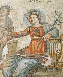 Apollon ja Marsyaksen mosaiikki, Plinius ja Apollon yksityiskohta, Aionin talo, Paphos, Kyproksen mosaiikki