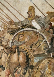 Issoksen taistelu, jossa Aleksanteri III Suuri voitti Dareios (Darius) III Kodomannoksen (335 - 331 eKr.). Mosaiikki Pompejista. Yksityiskohta. Museo Archeologico Nazionale, Napoli. (Pompejista, Faunin talosta)