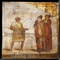 Teatteri kohtaus. Fresko Pompejin paikalta