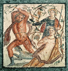 Lykurgos hyökkää nymfi Ambrosian kimppuun, mosaiikki Herculaneumista (50-79 jKr.)