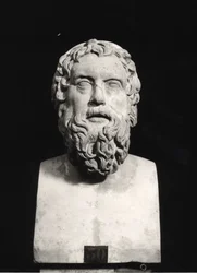 Aristophanesin rintakuva (n. 445 - n. 385 eKr.) (marmori) (mv/w valokuva)