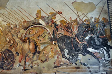 Yksityiskohta Pompejista peräisin olevasta mosaiikista: Issoksen taistelu Aleksanterin ja Dareioksen välillä (300-luku eKr.). Kuningas Dareios III Kodomannos (380-330 eKr.) epätoivoisena sotavaunuissaan. Opus vermiculatum. Napolin kansallinen arkeologinen