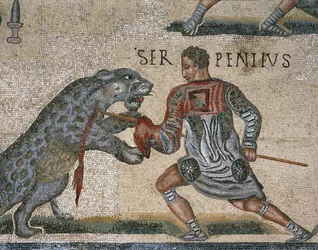 Yksityiskohta gladiaattoritaistelun mosaiikista, alun perin Torre Nuovasta