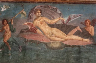 Yksityiskohta freskosta Venuksen talossa simpukankuoressa, Pompejissa, Campaniassa, roomalaisessa sivilisaatiossa