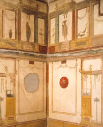 Yksityiskohta freskoista, jotka koristavat huonetta, Vettii-talo, Pompei, Campania, roomalainen sivilisaatio