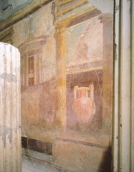 Yksityiskohta freskoista Triklinium-hallissa, Labyrinttitalo, Pompeji, Campania, Roomalainen sivilisaatio