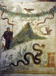 Rypäleterttuihin pukeutunut Dionysos seisomassa Vesuviuksen edessä - Fresko Pompejista, Casa del Centenario (Satavuotisjuhlan talo) - Napoli, Kansallinen arkeologinen museo