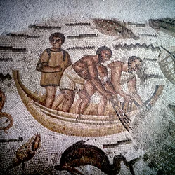 Kalastuskohtaus Mosaicissa Hippossa, Algeriassa.