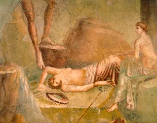 Fresko, joka kuvaa Maenadia nukkumassa, House of Citharist, Pompejista, Campaniasta, roomalaisesta sivilisaatiosta