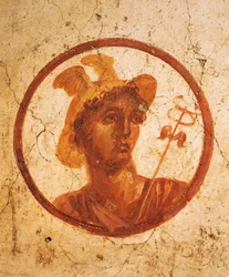 Fresko, joka kuvaa miehen muotokuvaa valkoisella pohjalla, House of Ancient Hunt, Pompeii, Campania, roomalainen sivilisaatio