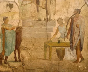 Uhrauskohtausta kuvaava fresko, koristeet House of Gilded Cupidsista, Pompejista, Campaniasta, roomalaisesta sivilisaatiosta
