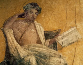 Kreikkalainen näytelmäkirjailija Menander, yksityiskohta freskosta, Menanderin talon perstyle, Pompei, Campania, Italia, roomalainen sivilisaatio