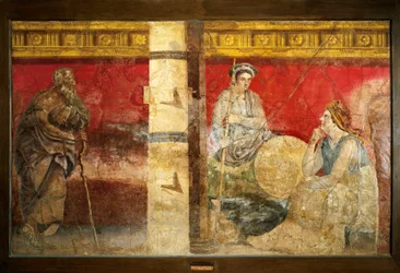 Makedonian kuningasperhe ja filosofi. Fresko, 325 x 199 cm. Boscorealesta läheltä Napolia. Kansallinen arkeologinen museo, Napoli